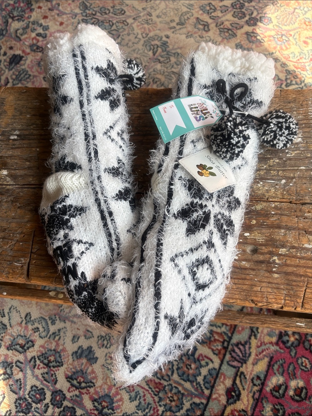 Muk Luks White & Black Nordic Pom Pom Fuzzy Slipper Socks 7 Inch high